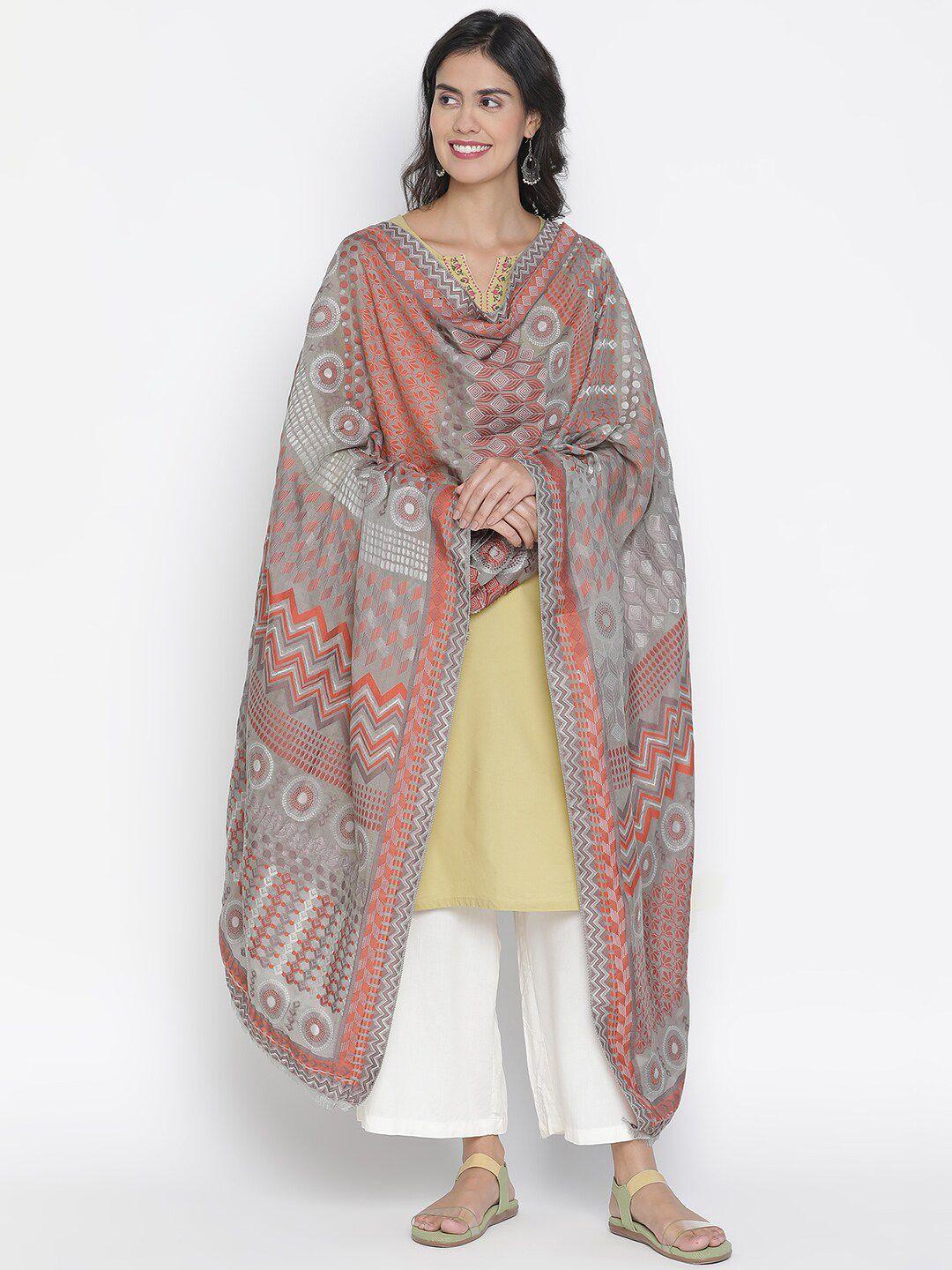 shingora grey & orange woven design dupatta