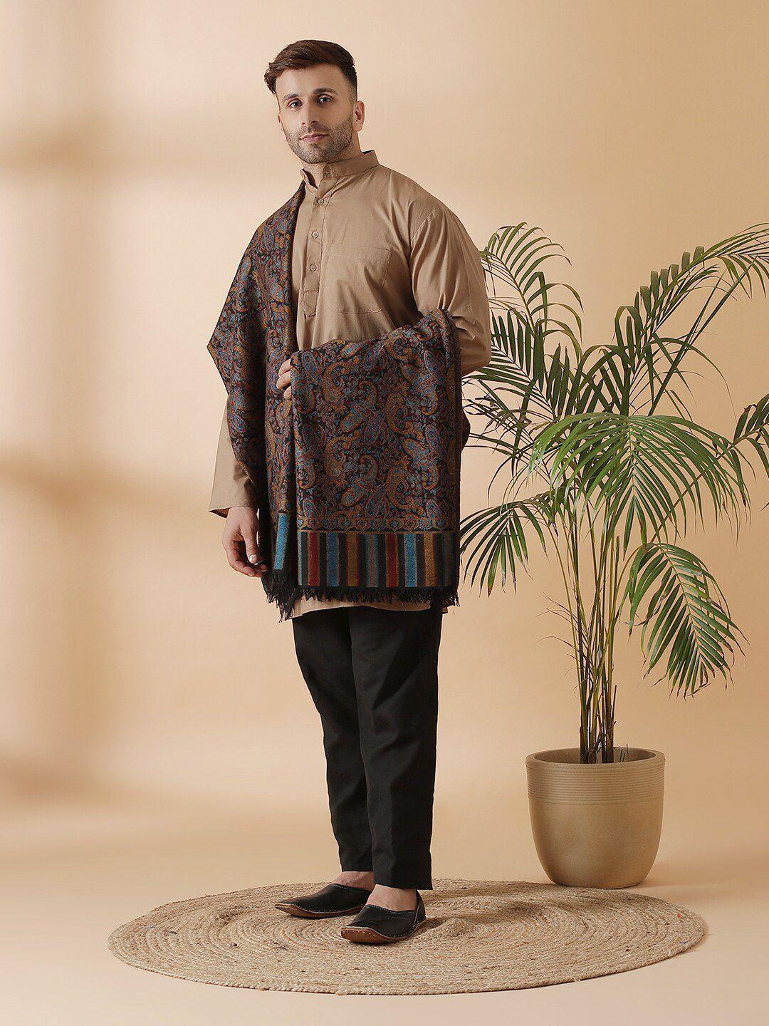 shingora men brown & blue woven-design pure woolen shawl