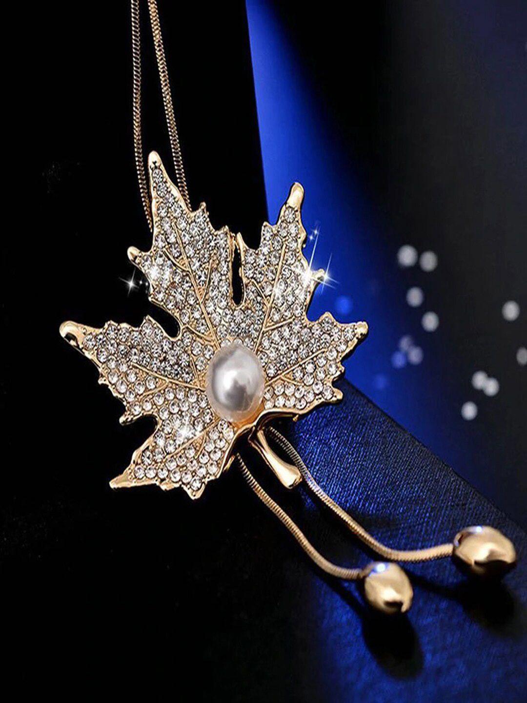 shining diva fashion gold-plated stone-studded & pearl beaded flower long chain pendant