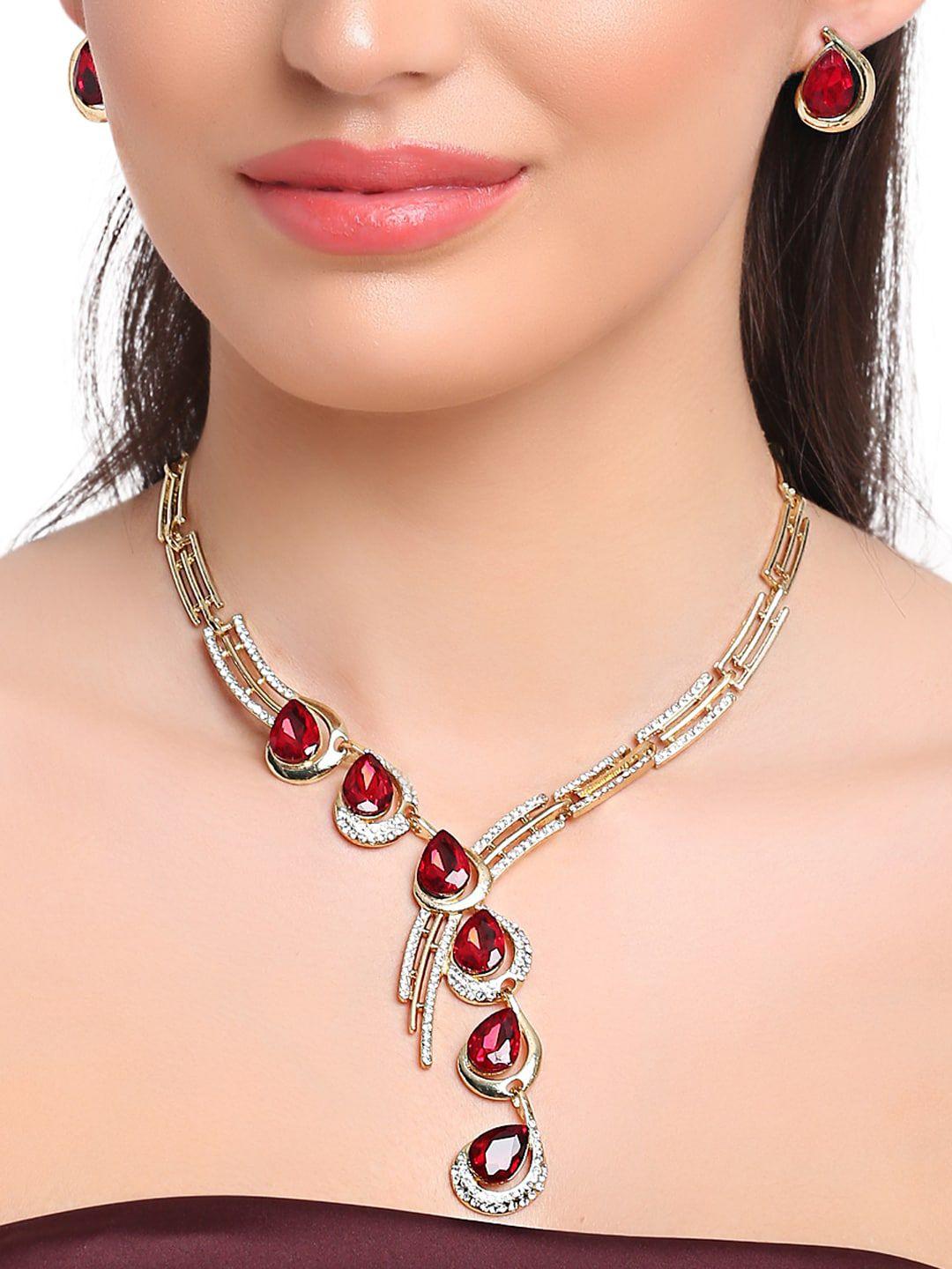 shining diva fashion woman red  gold plated crystal jewellery set