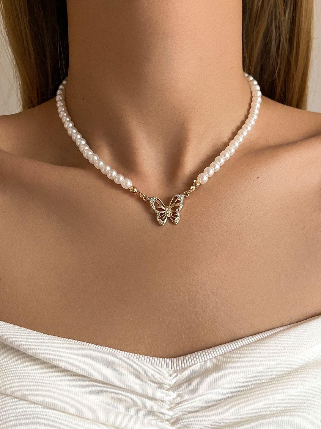 shining diva fashion women gold-plated & white necklace
