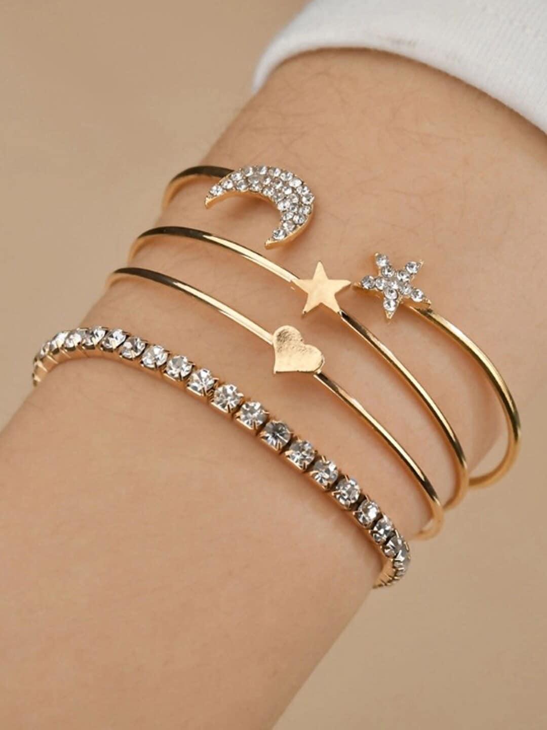shining diva fashion women set of 4 gold-plated  white crystals cuff bracelets
