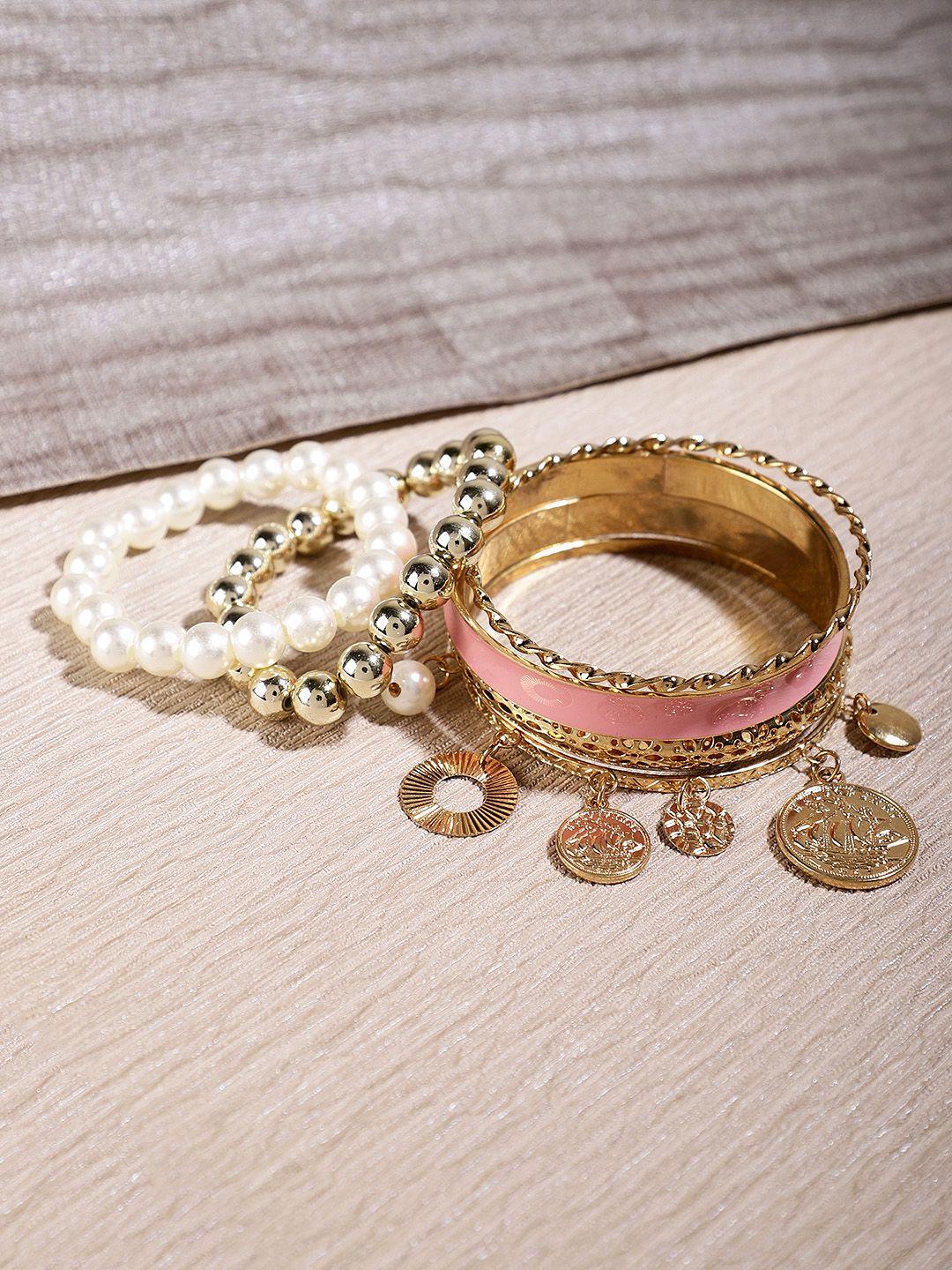 shining diva fashion women set of 6 gold-plated  pink pearl antique bangles