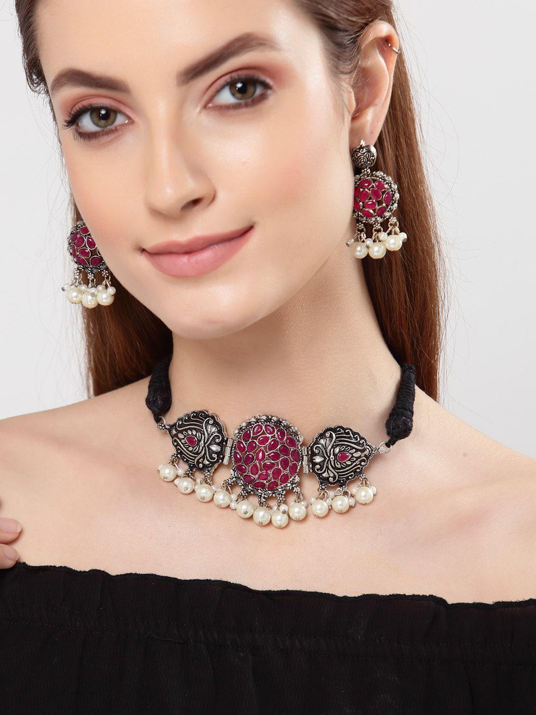 shining diva pink & white alloy silver-plated oxidised jewellery set