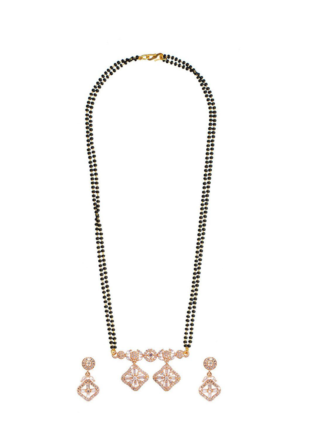 shining jewel - by shivansh rose gold-plated black beaded white stone studded mangalsutra with earrings