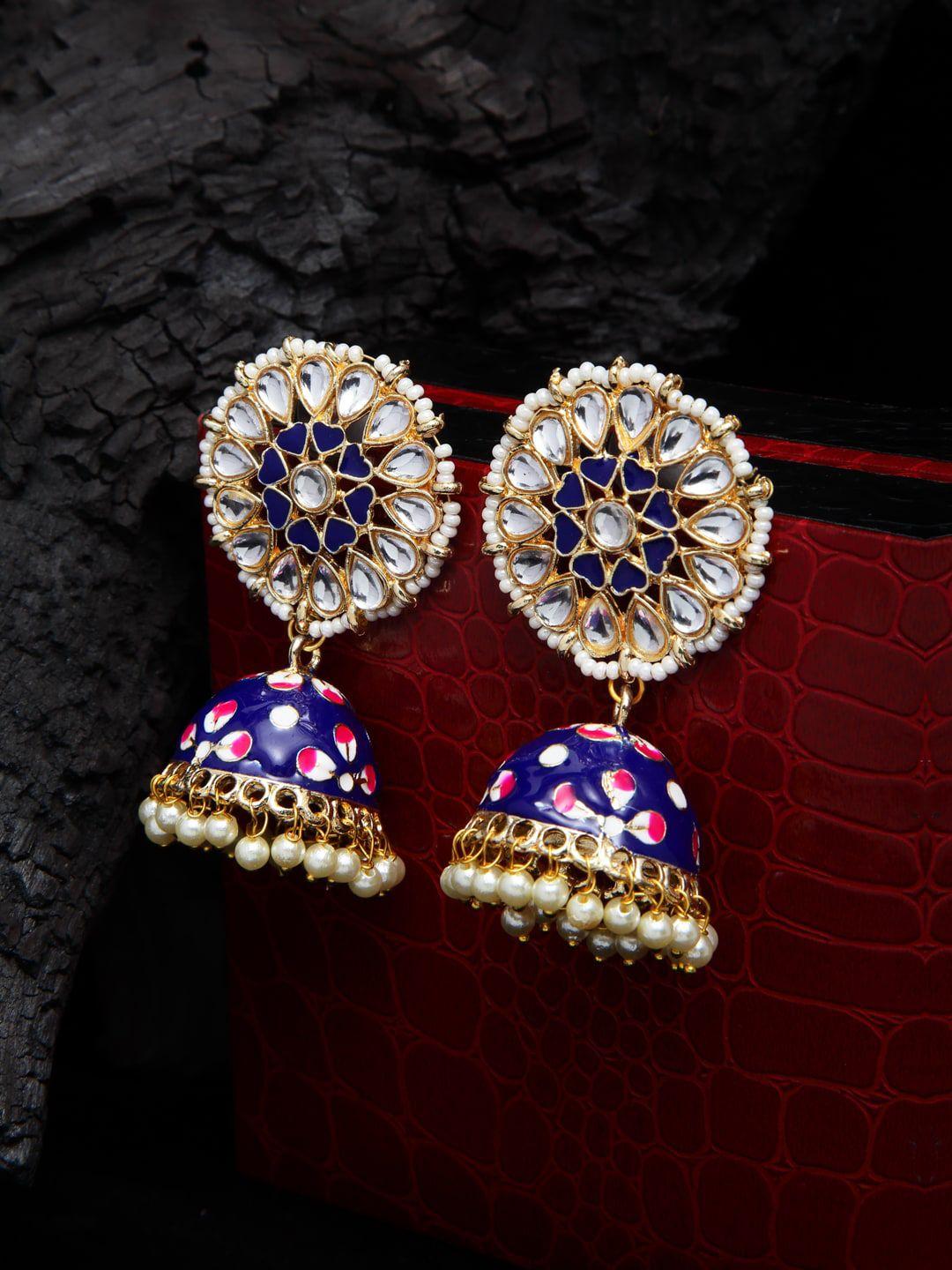 shining diva blue & gold-toned dome shaped jhumkas