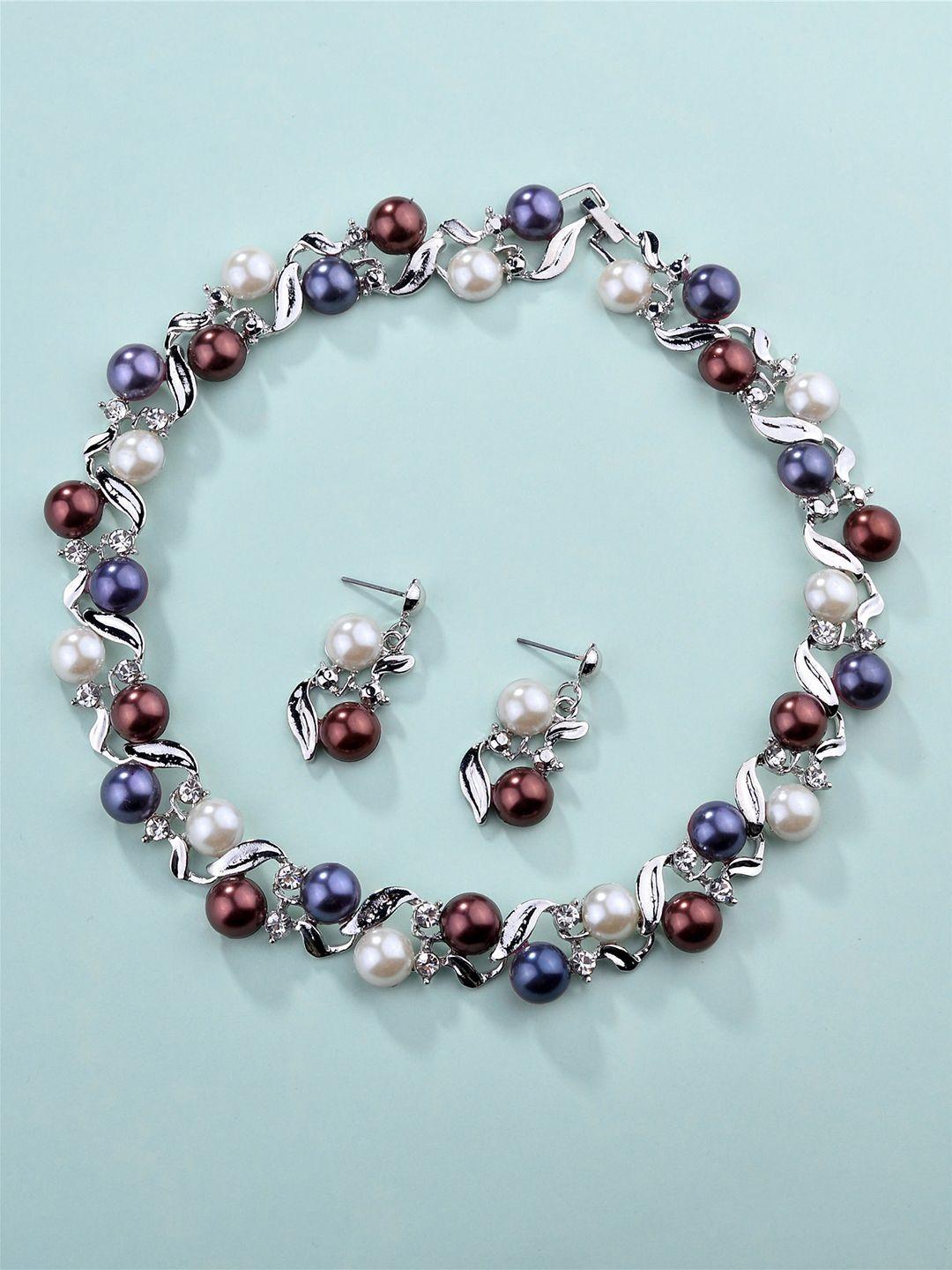 shining diva fashion silver-plated pearls-beaded jewellery set