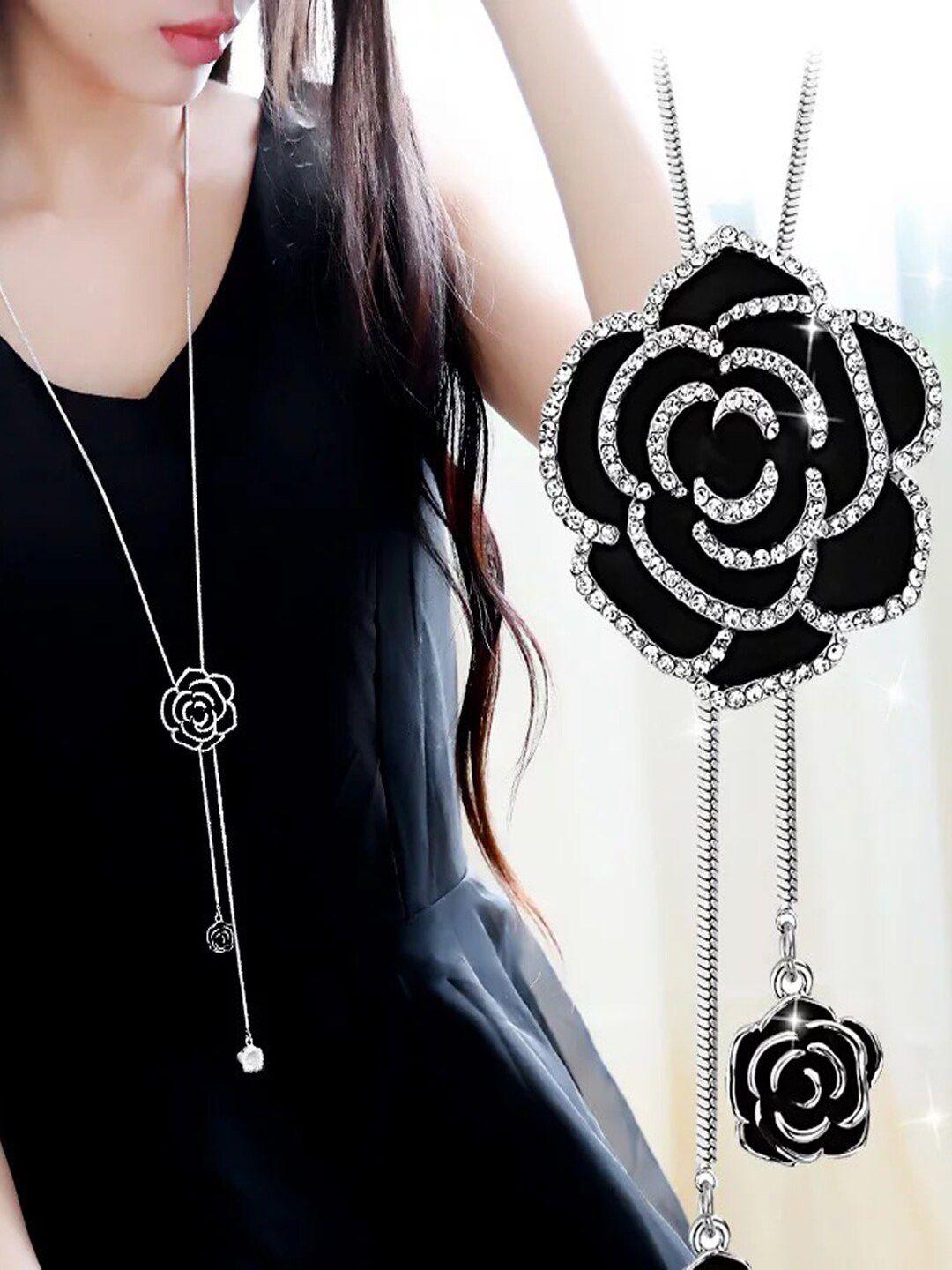 shining diva fashion silver-toned & black silver-plated necklace