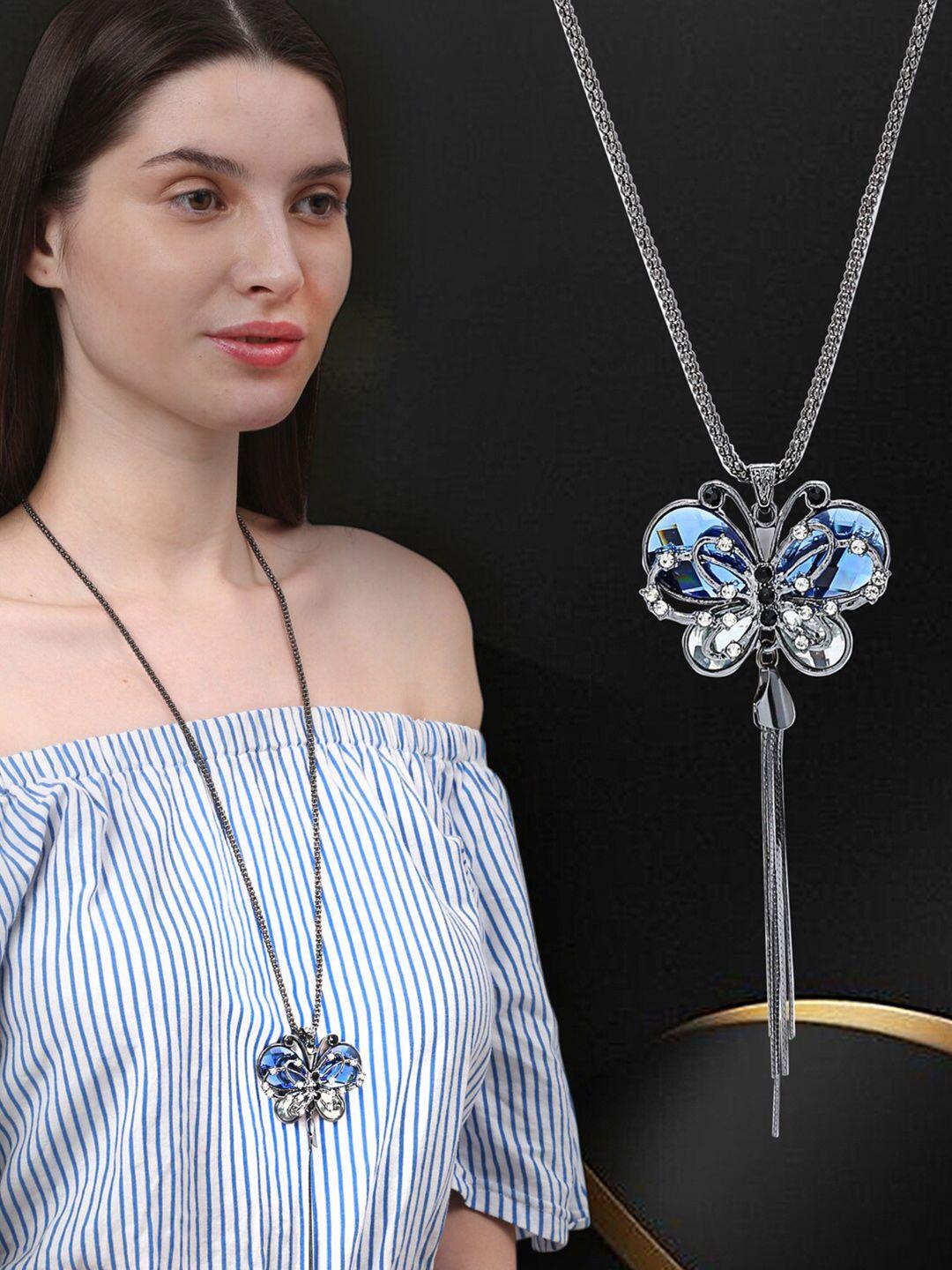 shining diva fashion silver-toned & blue silver-plated necklace