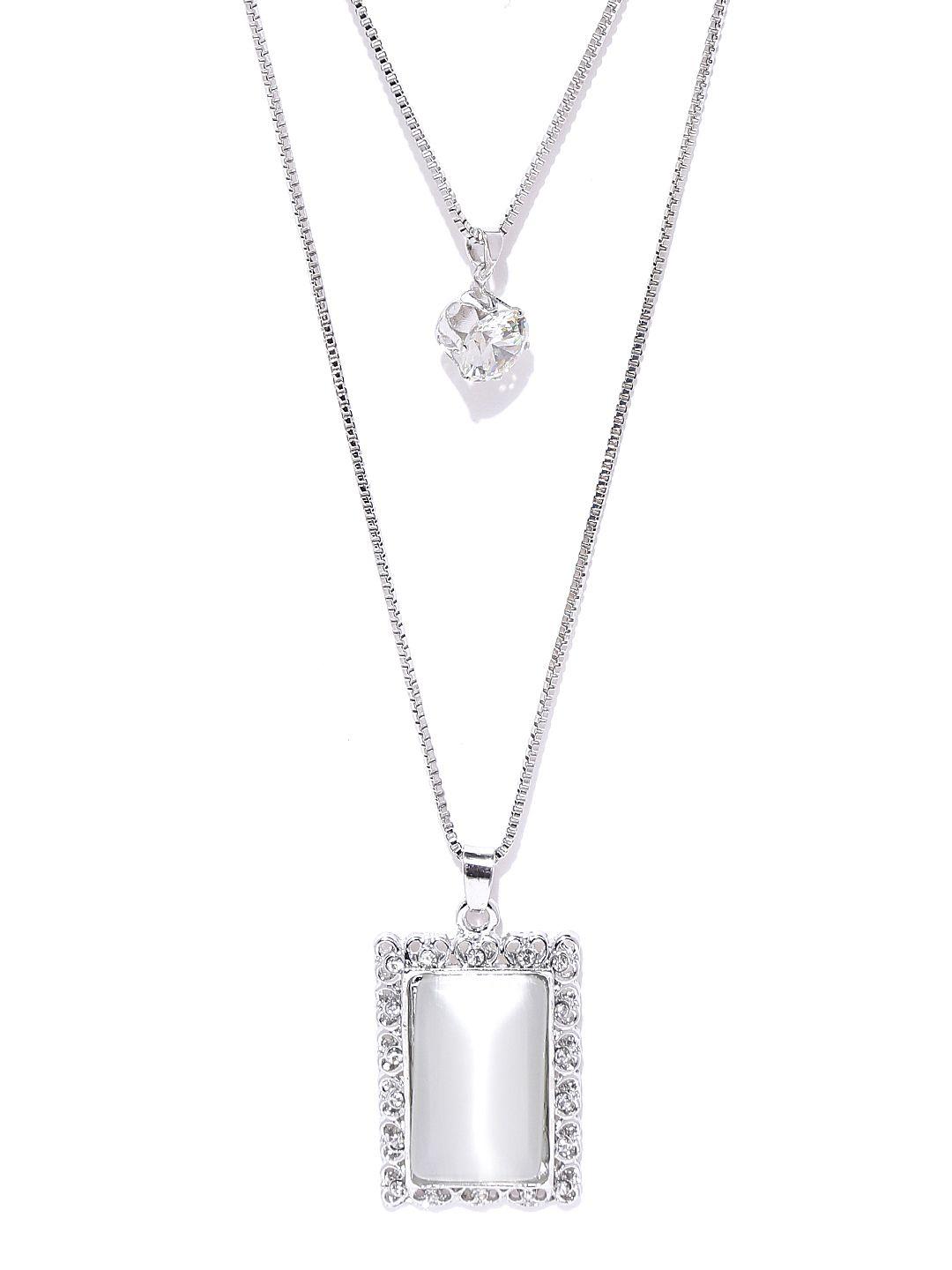 shining diva fashion silver-toned stone-studded layered necklace