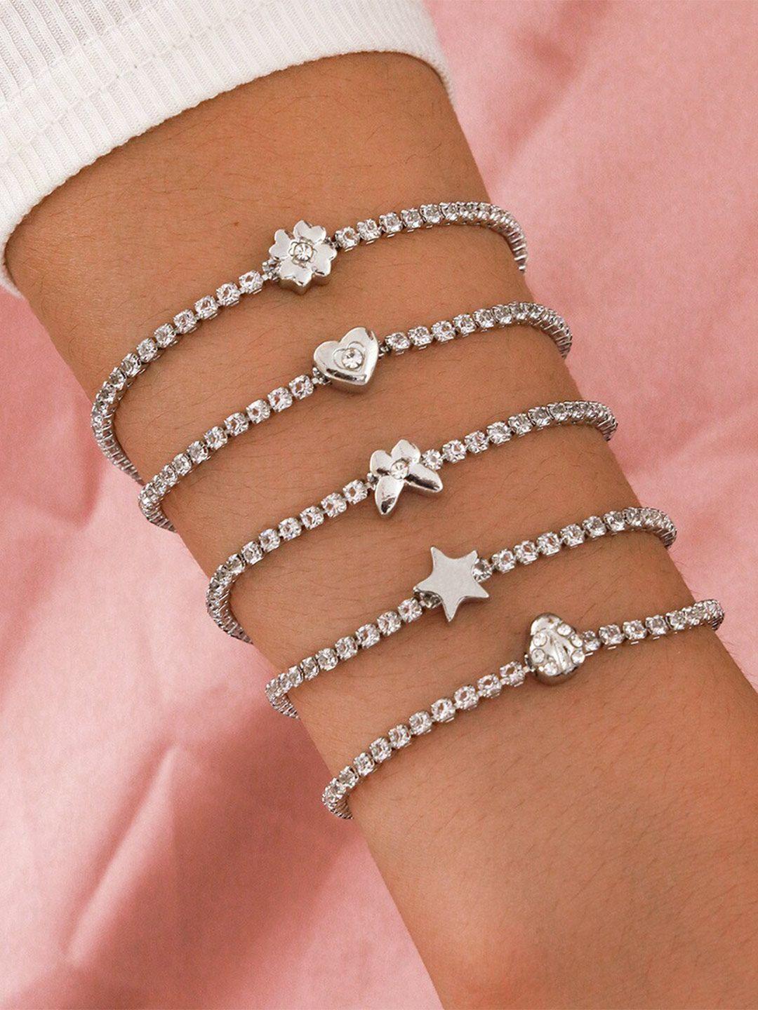 shining diva fashion women 5 silver-toned crystals silver-plated link bracelet