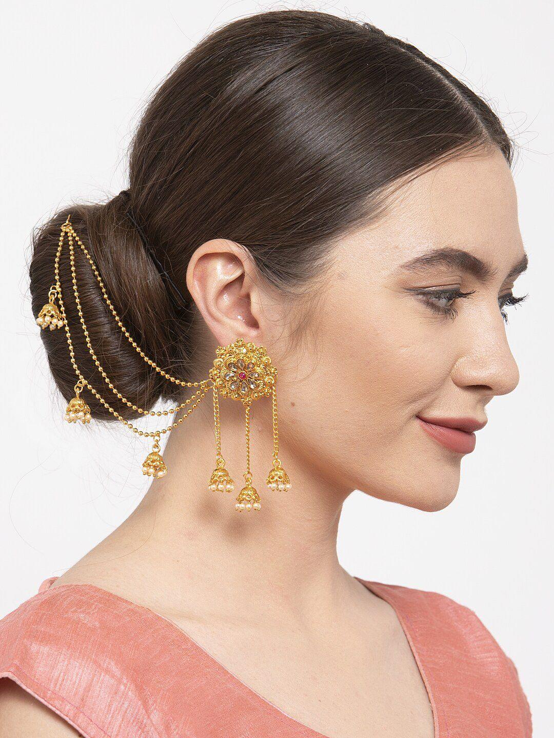 shining diva gold-plated classic drop earrings with ear chain