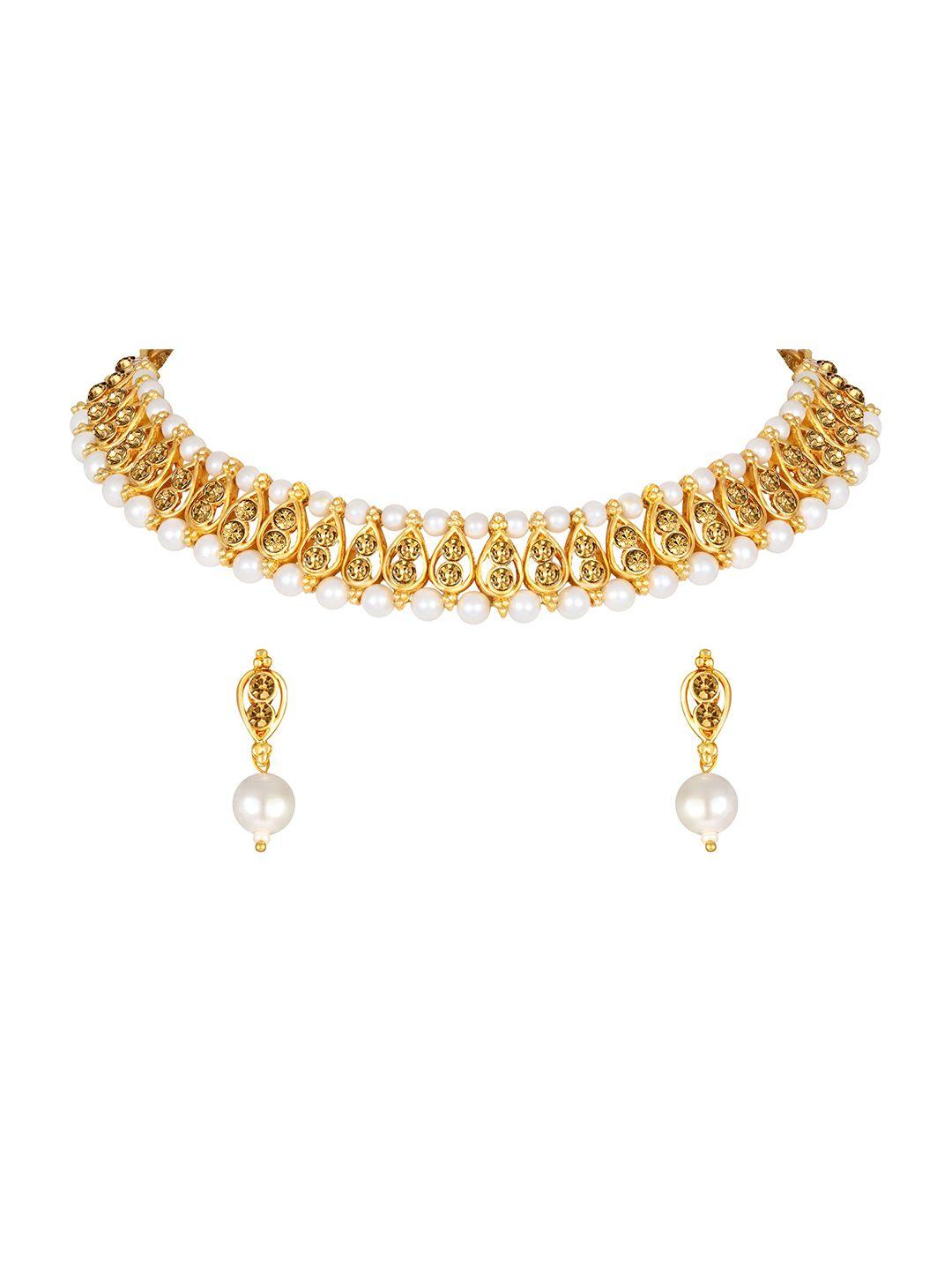 shining diva gold plated stones studded & pearls beaded jewellery set