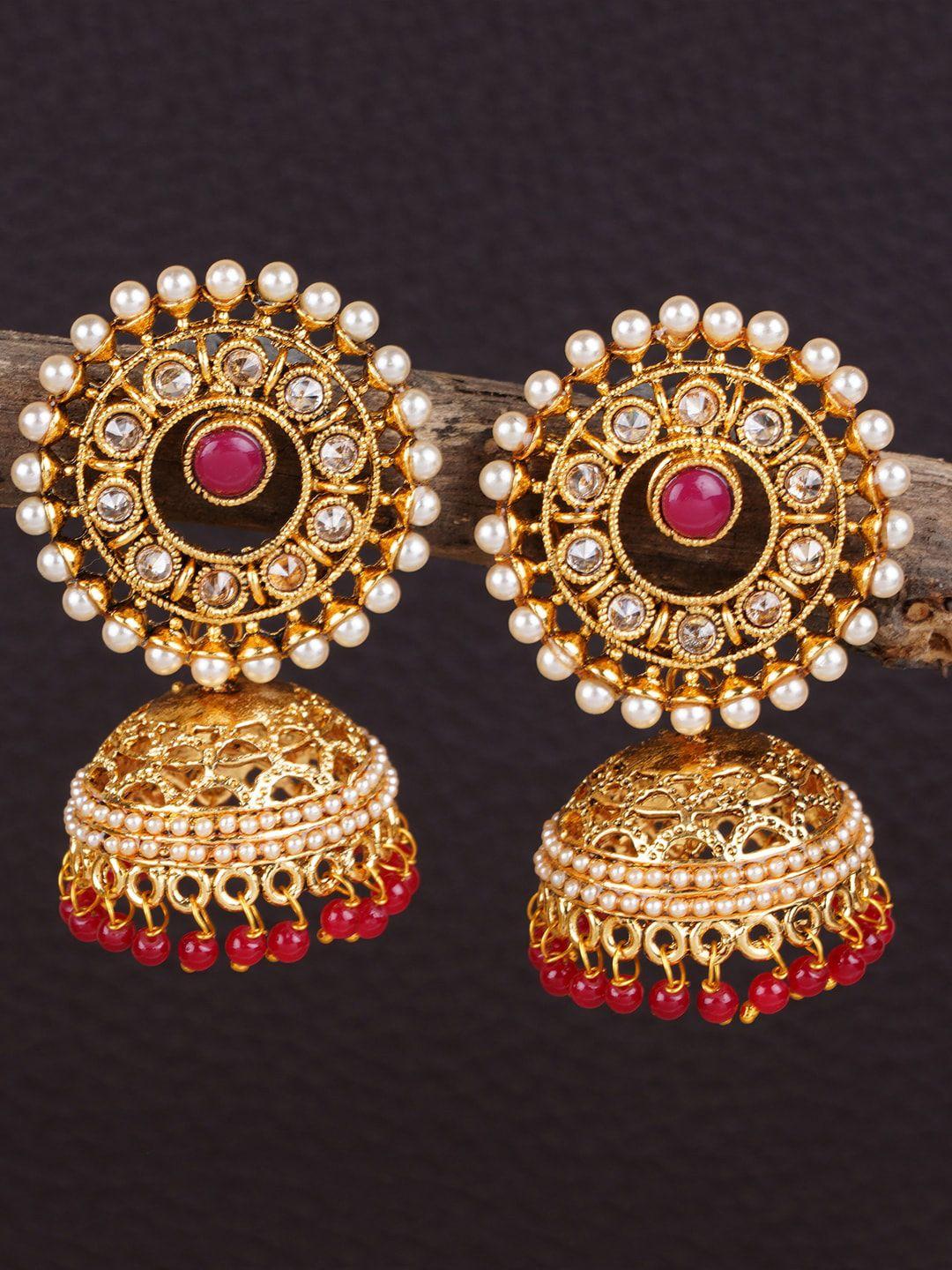 shining diva gold-toned & red dome shaped jhumkas earrings