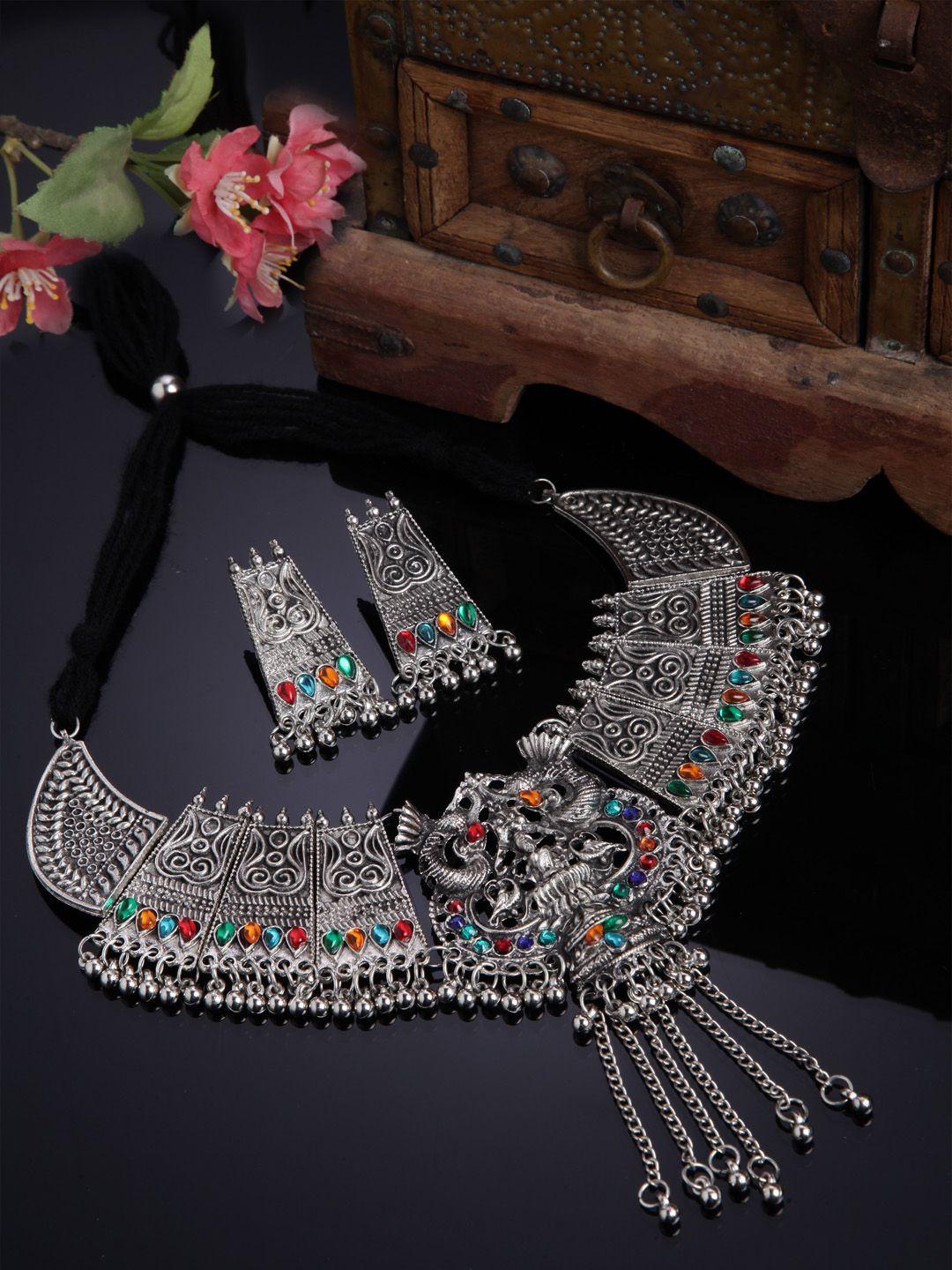shining diva oxidised silver-plated multi-coloured stone-studded jewellery set