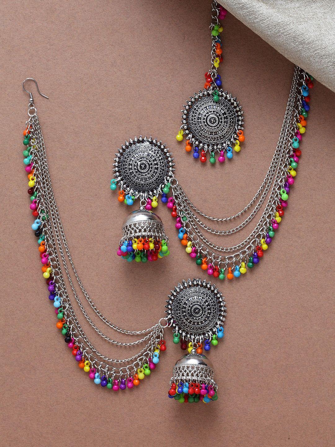 shining diva oxidized silver-toned & red beaded jewellery set