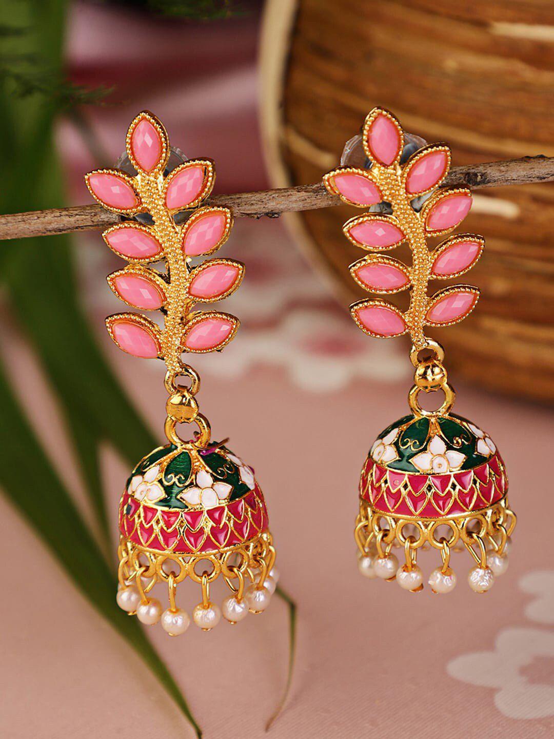 shining diva pink gold-plated contemporary jhumkas earrings