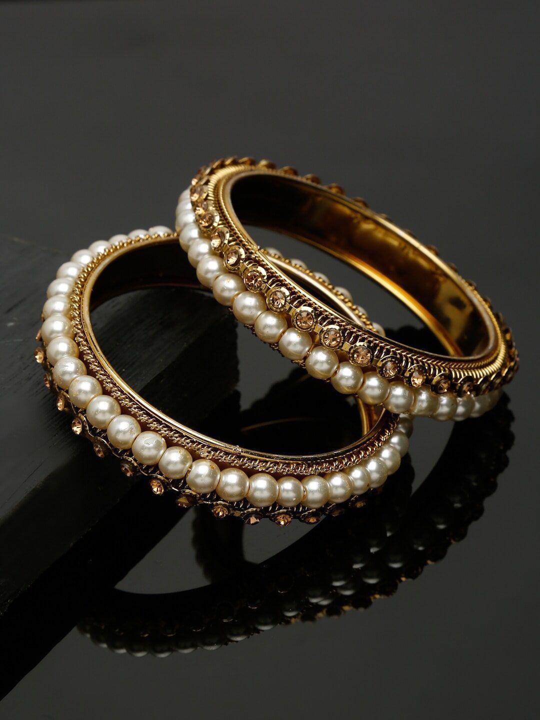 shining diva set of 2 gold-plated & white pearl beaded embellished antique bangles