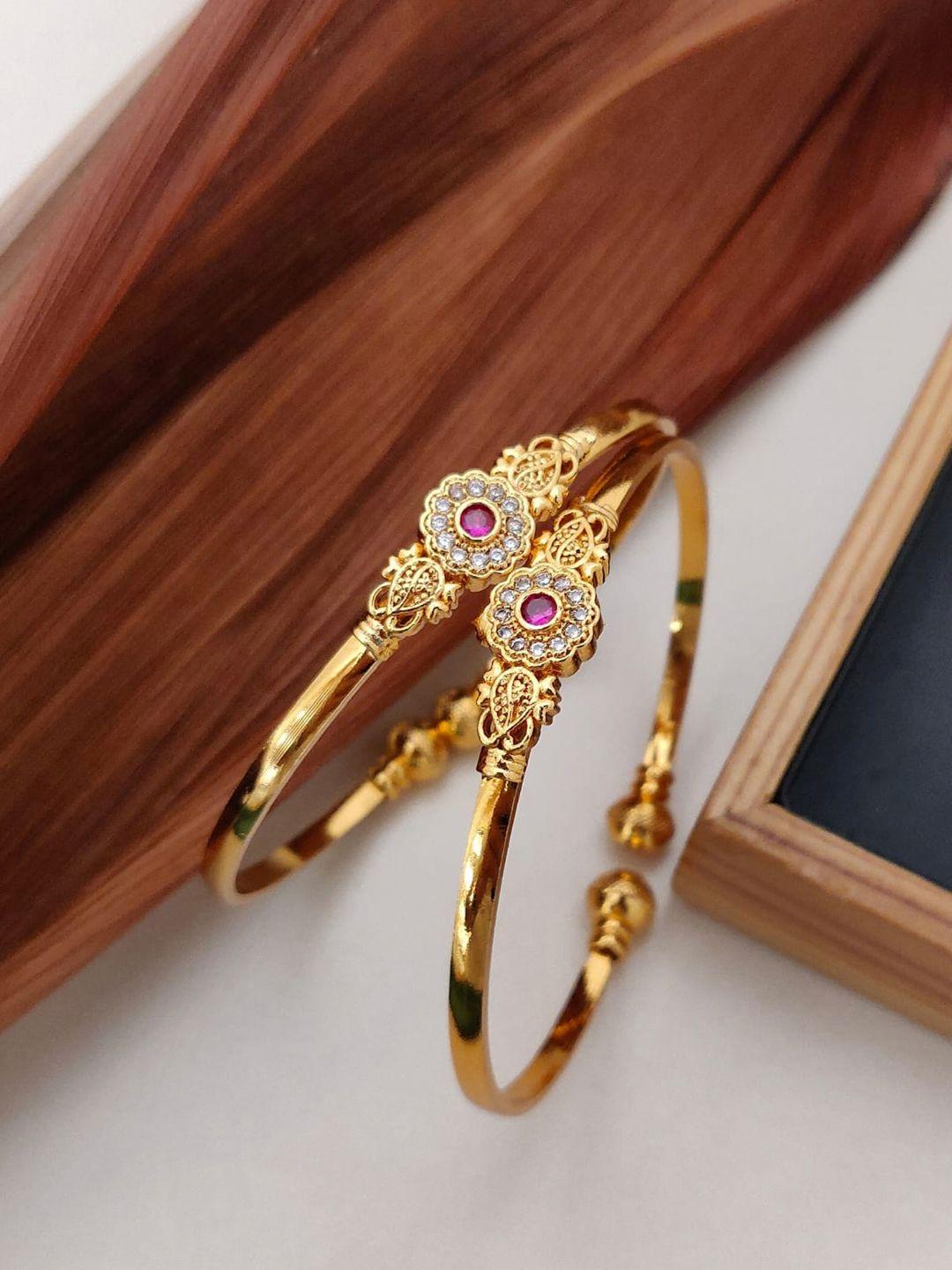 shining diva set of 2 gold-plated white & pink stone-studded adjustable bangles