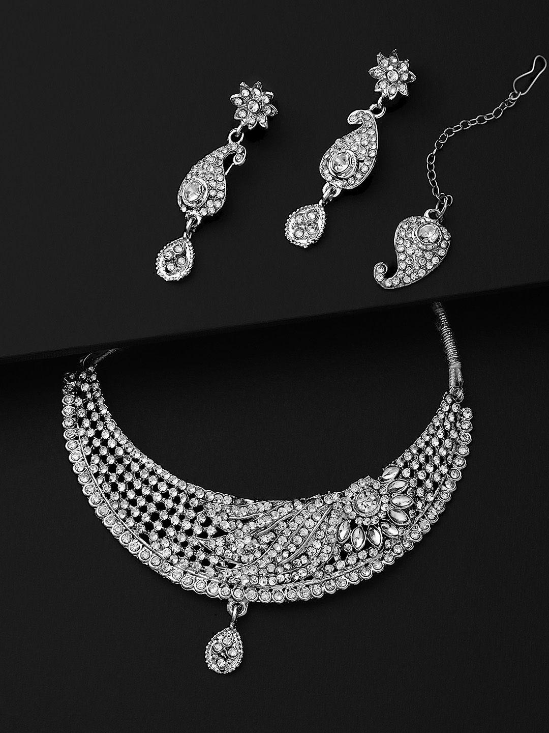 shining diva silver-plated crystal studded jewellery set
