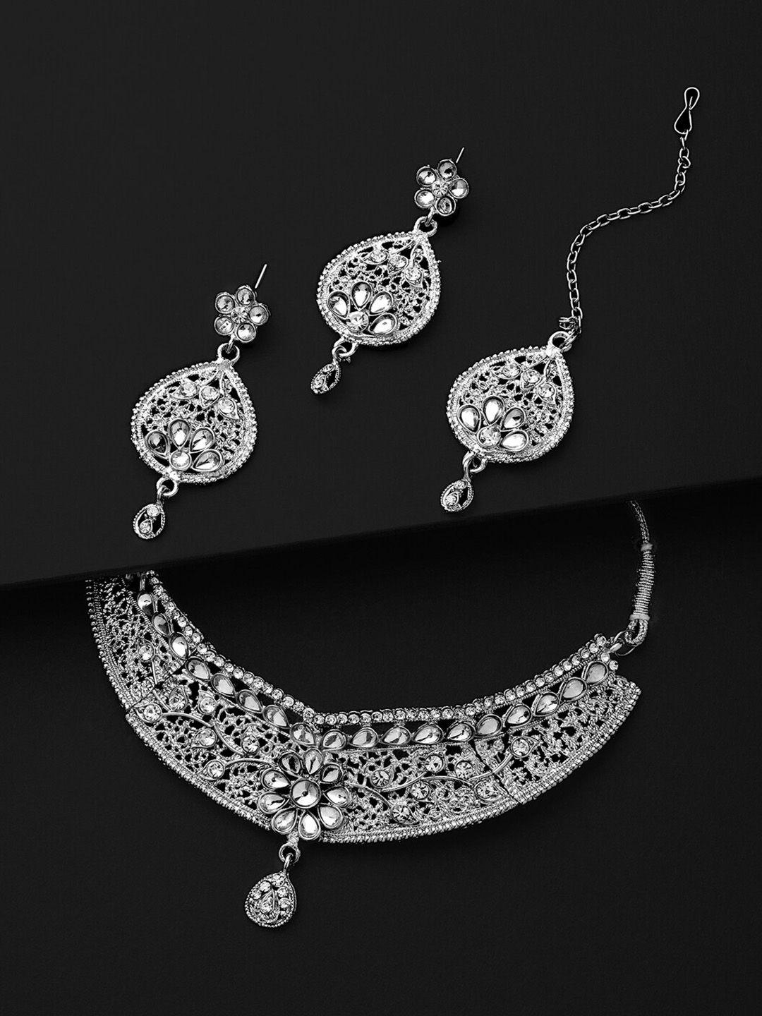 shining diva silver-plated crystal-studded jewellery set