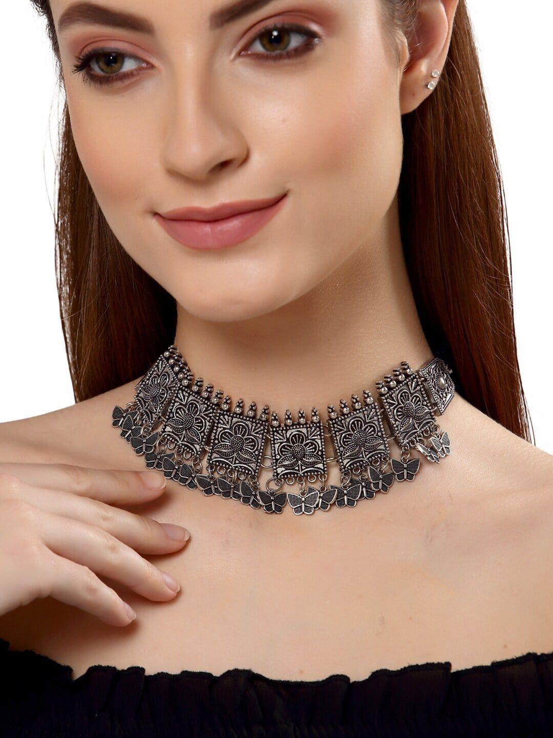 shining diva silver-plated oxidised necklace