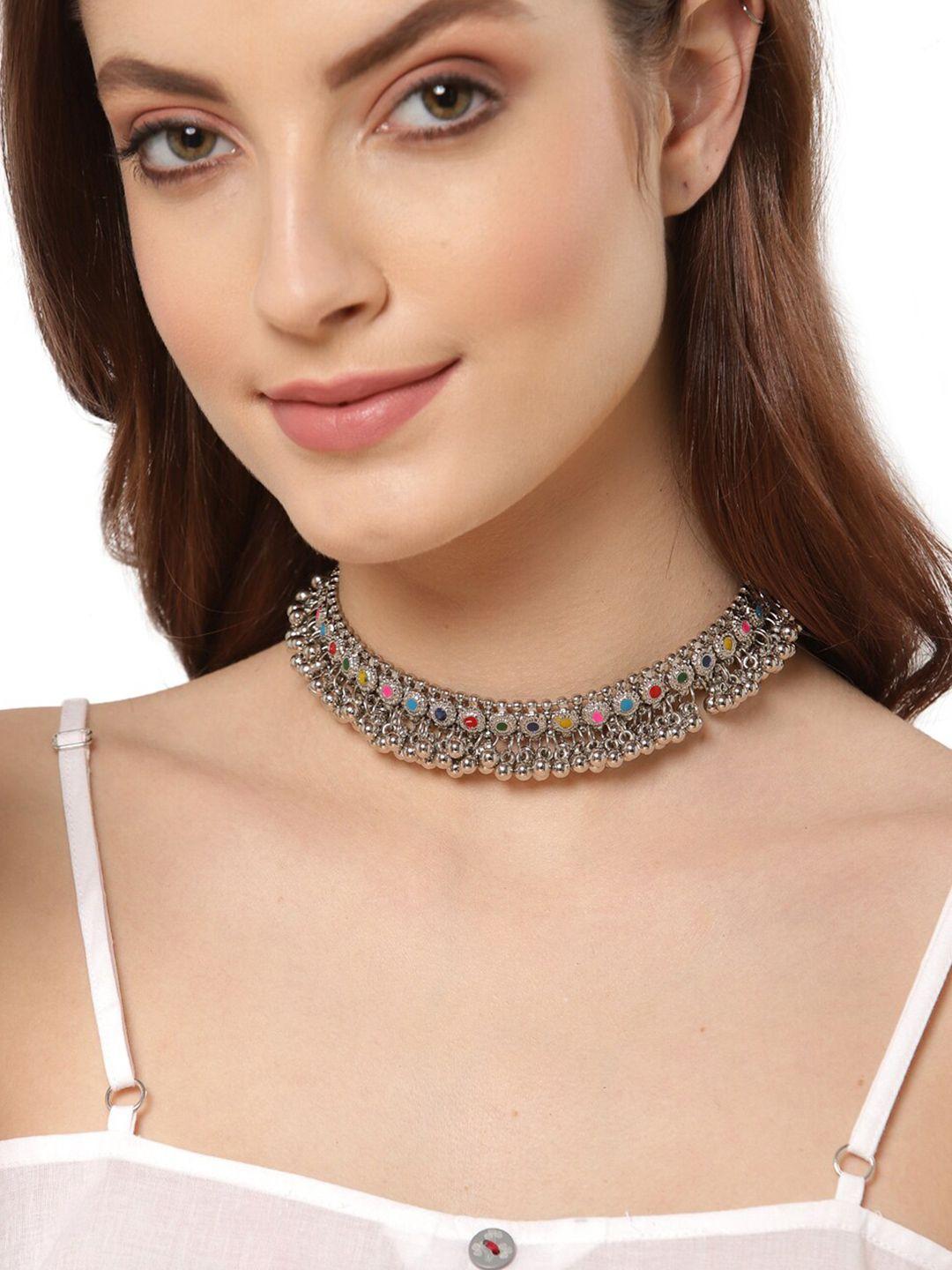 shining diva silver-plated oxidised traditional choker necklace