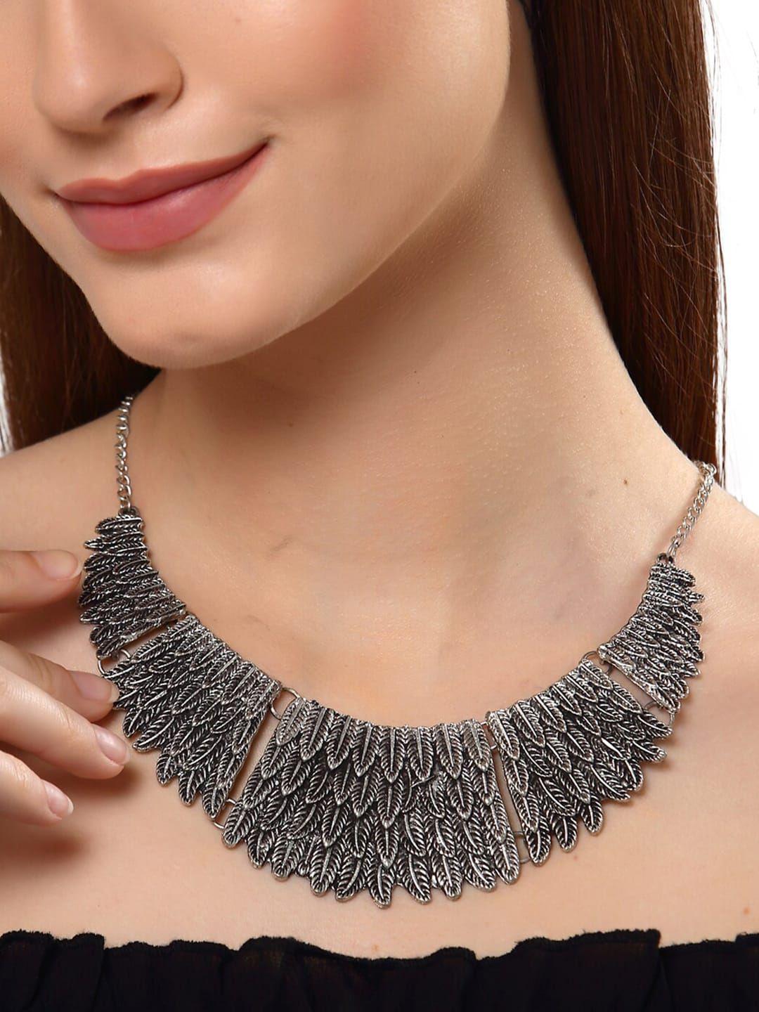 shining diva silver-toned oxidised silver plated statement necklace