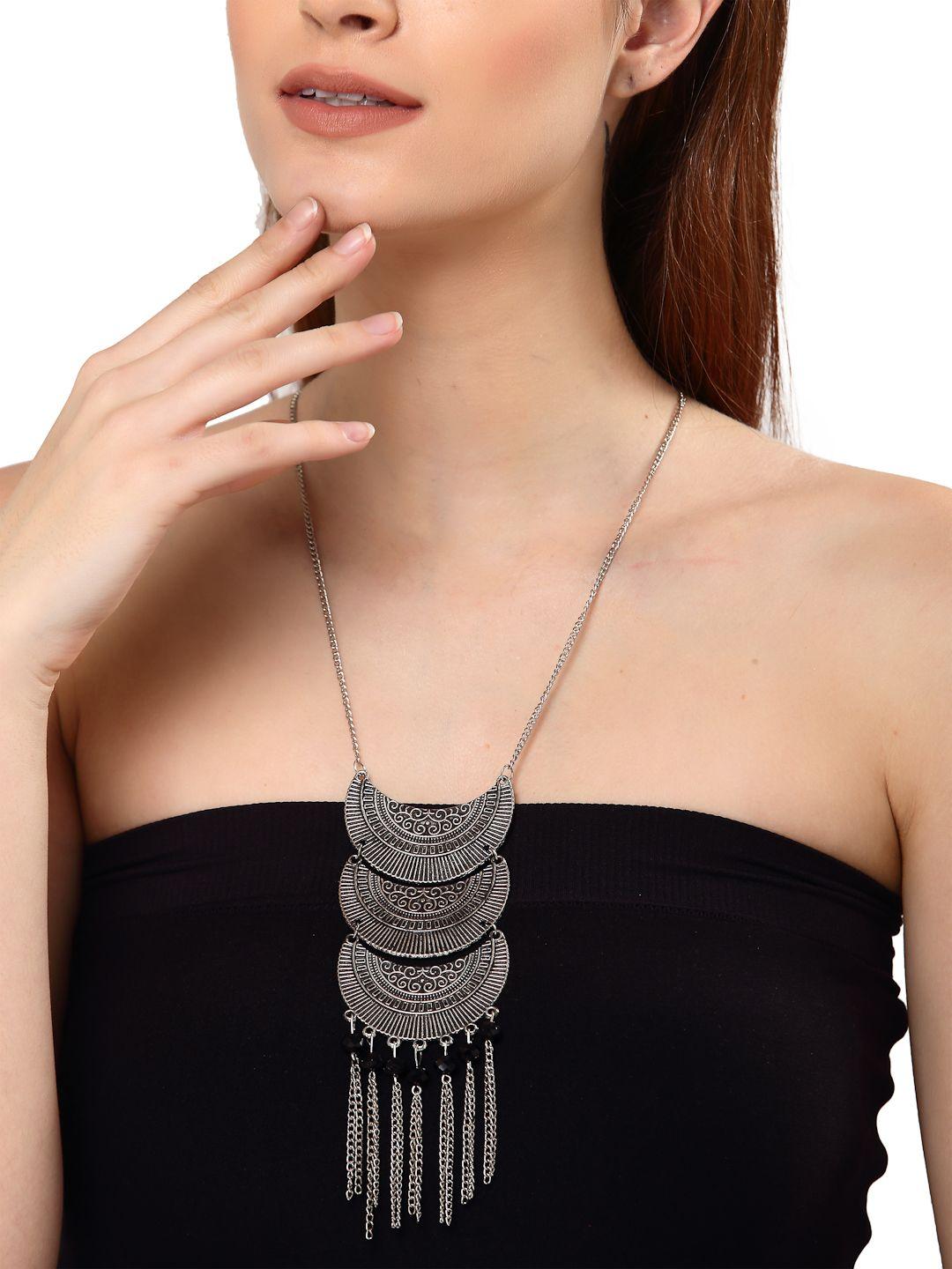 shining diva silver-toned silver-plated oxidised necklace