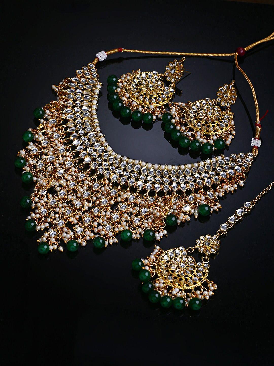 shining diva woman green & gold kundan jewellery set