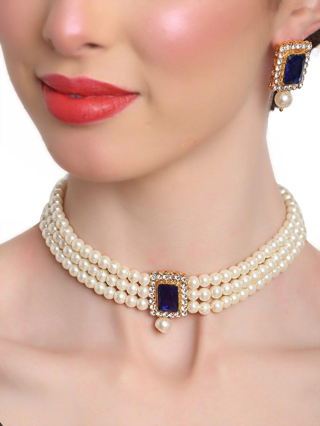 shining diva women grey & white pearls beaded & kundan studded choker jewellery set