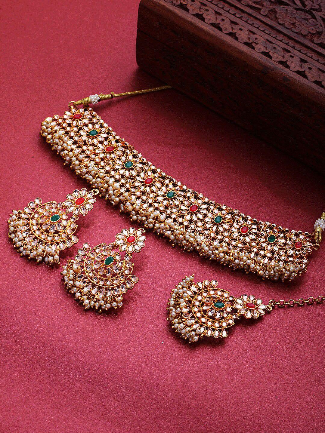 shining diva women multicoloured & gold plated crystal studded jewellery set