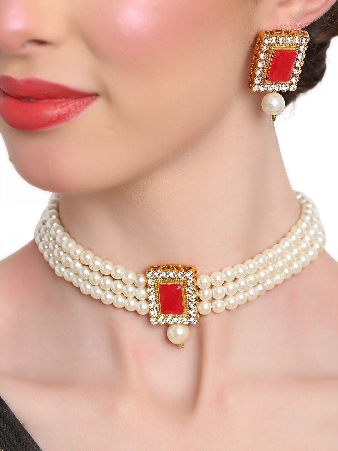 shining diva women pearls beaded & kundan studded choker jewellery set