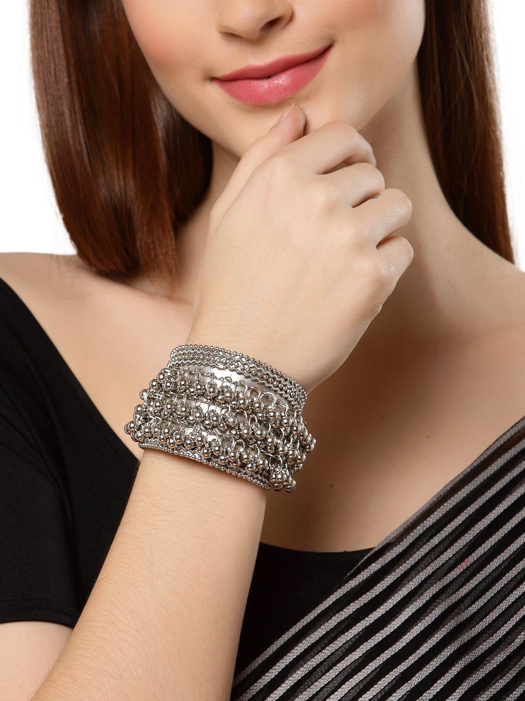 shining diva women silver-toned oxidised silver-plated cuff bracelet