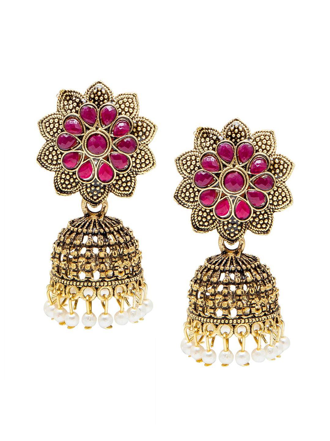 shining jewel - by shivansh gold plated maroon floral jhumkas earrings