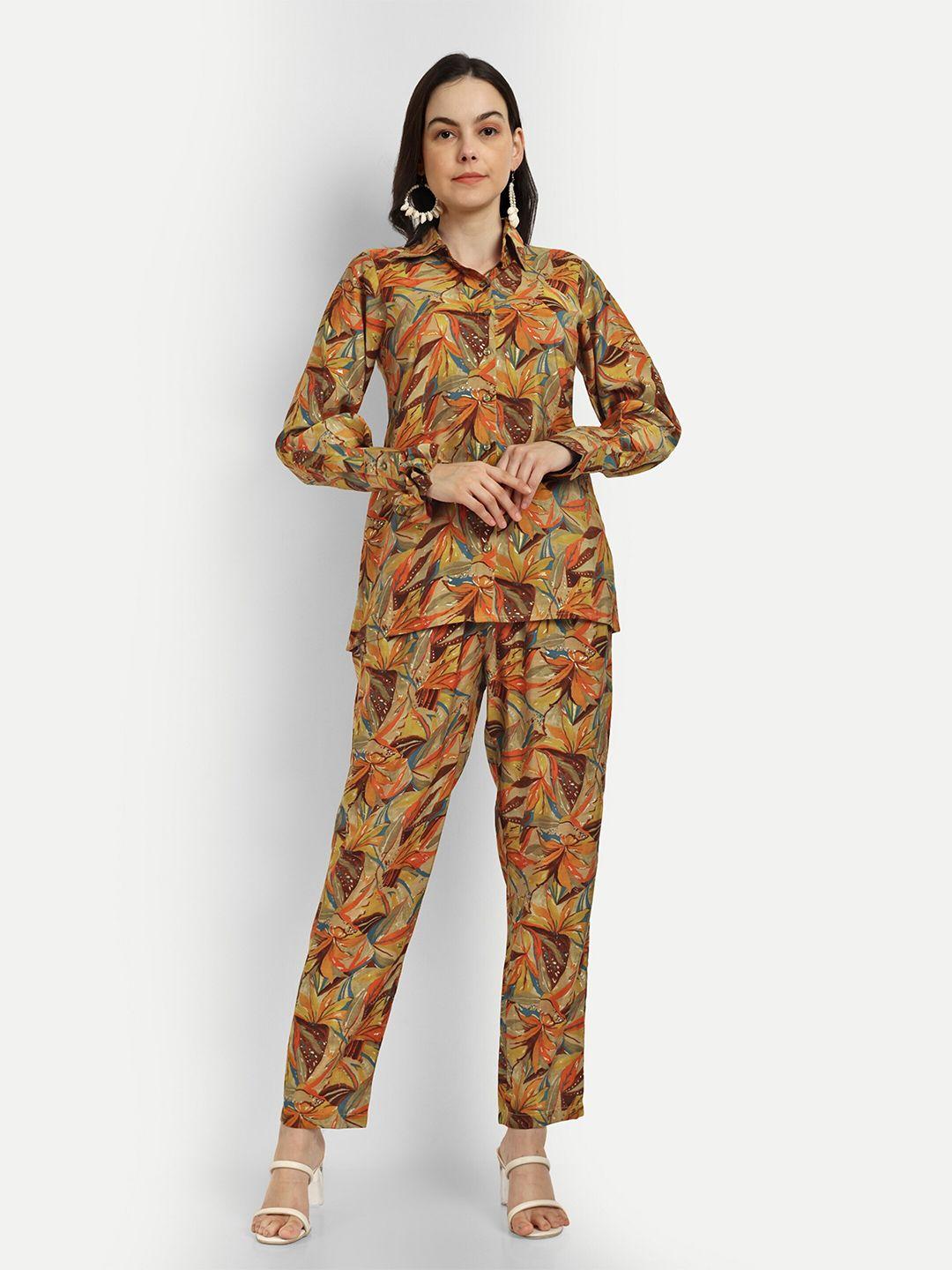 shinisha floral printed shirt with trouser co-ords with scrunchie
