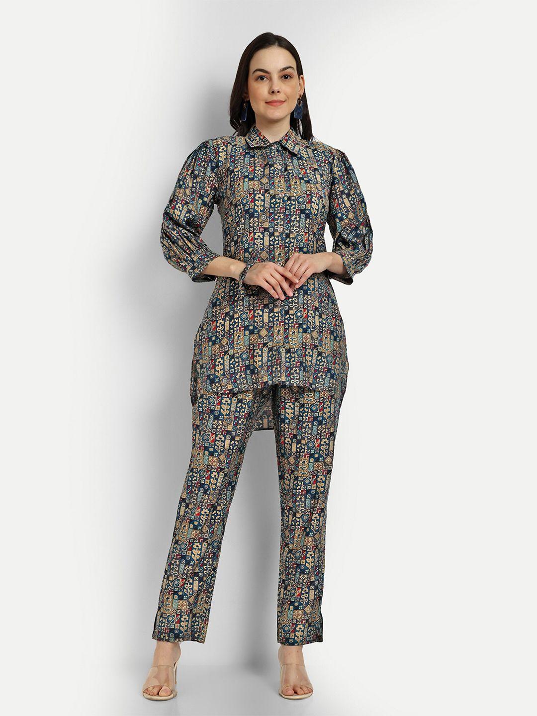 shinisha floral printed shirt with trouser co-ords with scrunchie