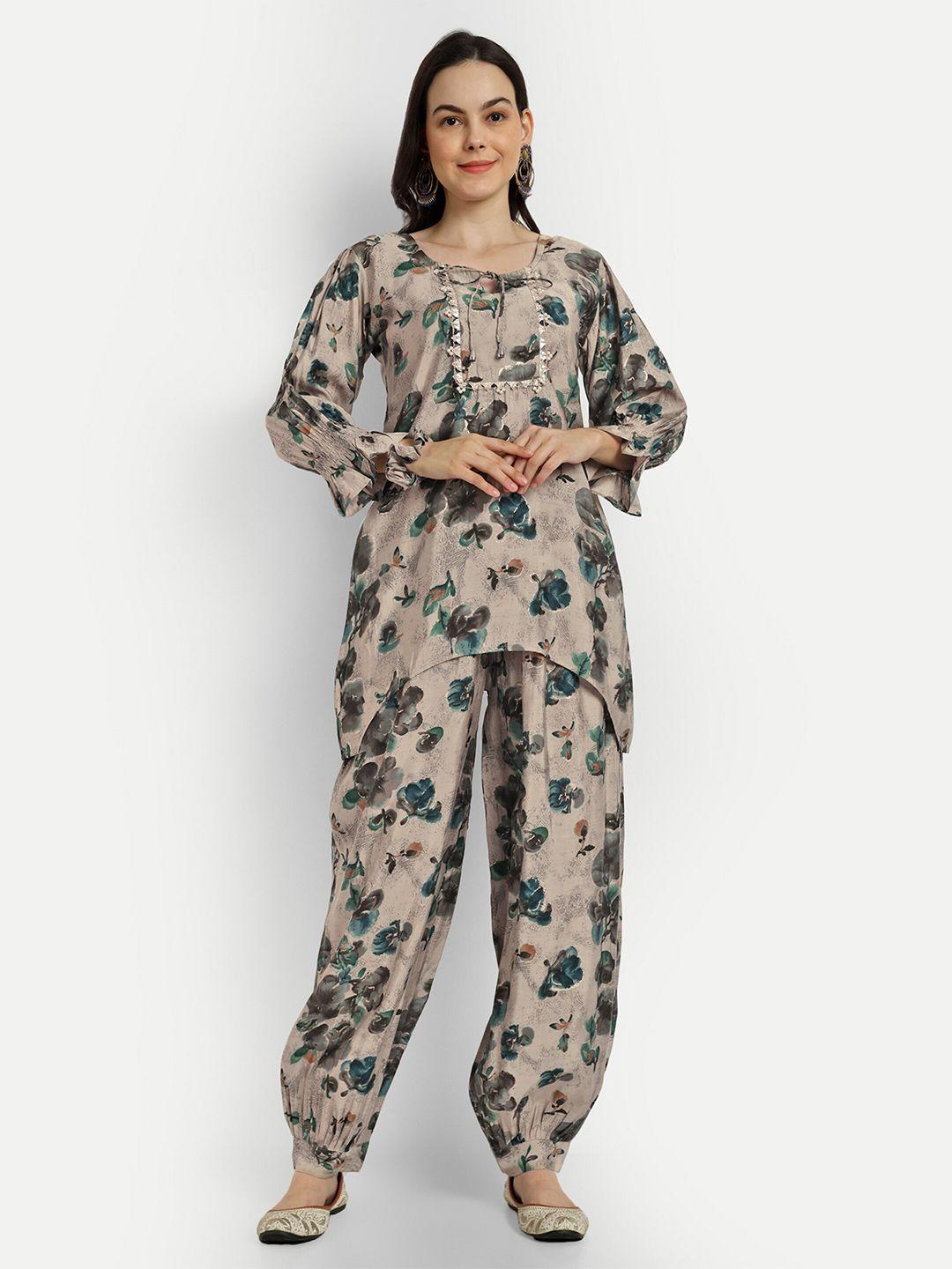 shinisha floral printed tunic with trouser co-ords with scrunchie