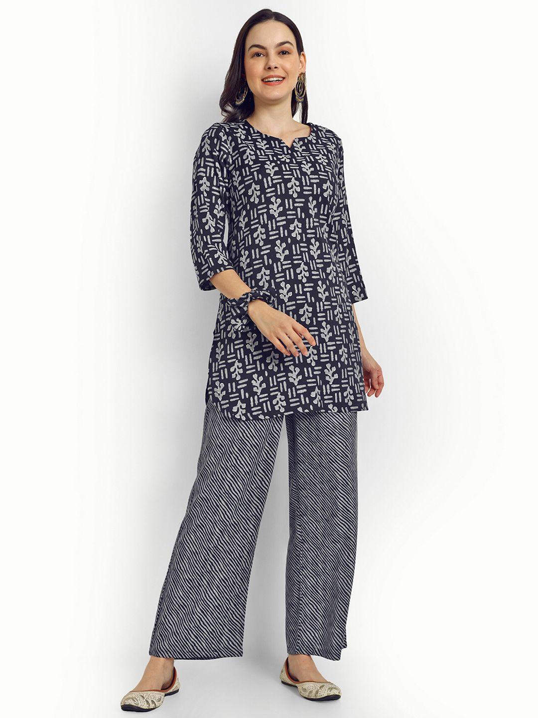 shinisha geometric printed tunic with trouser co-ords with scrunchie