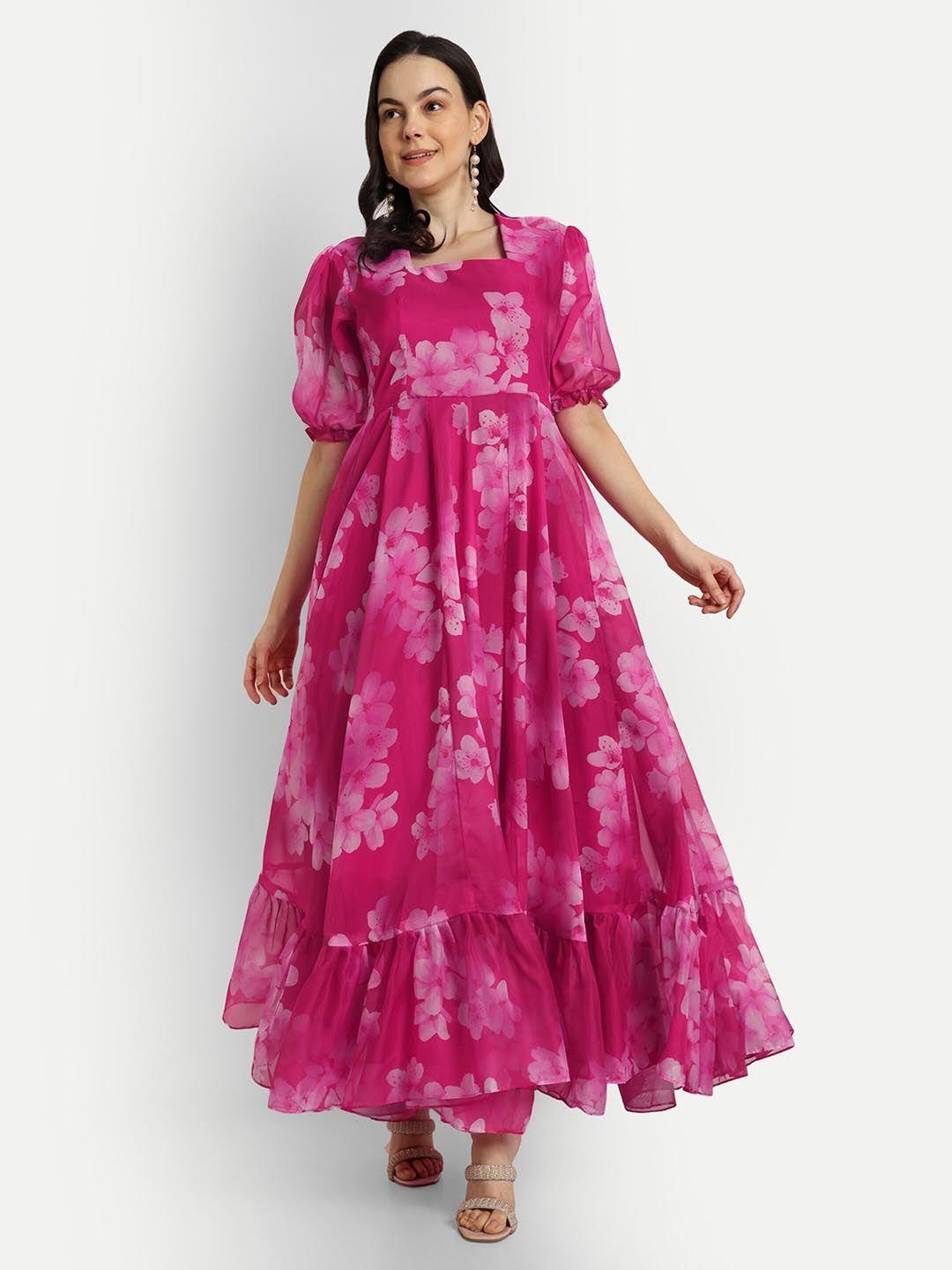 shinisha pink floral print puff sleeve maxi dress