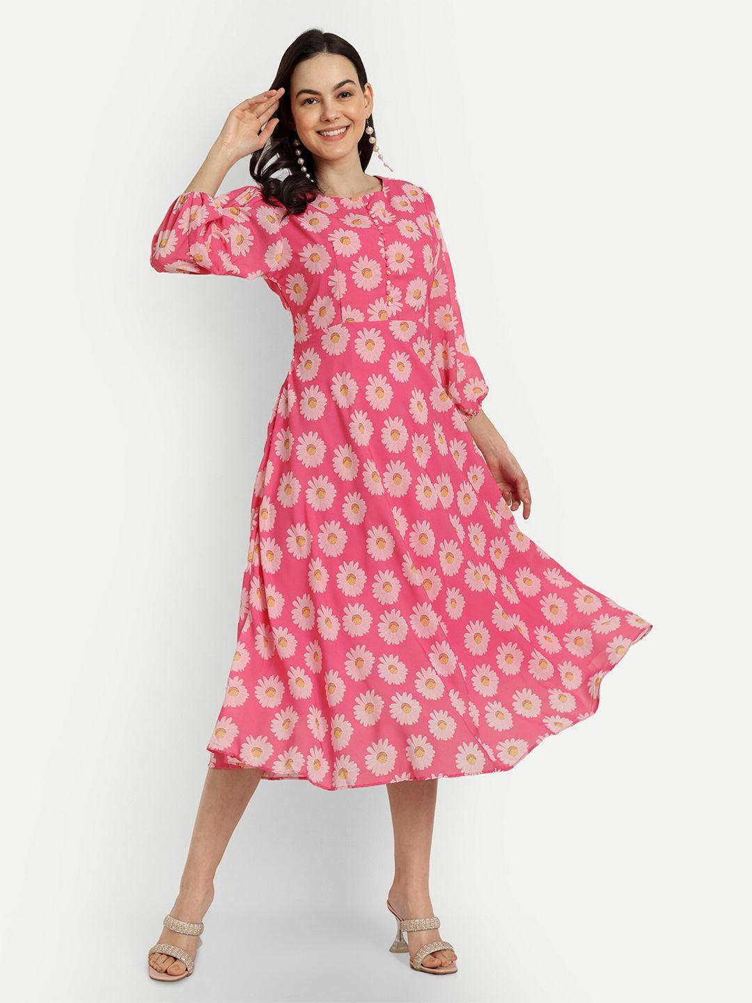 shinisha pink print georgette fit & flare midi dress