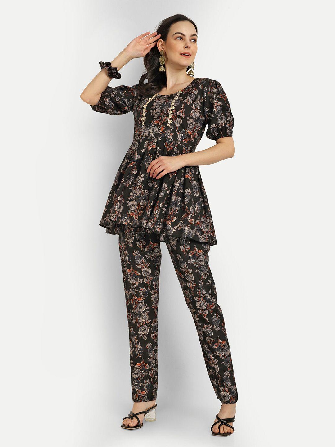 shinisha printed top & trouser with scrunchie co-ord set
