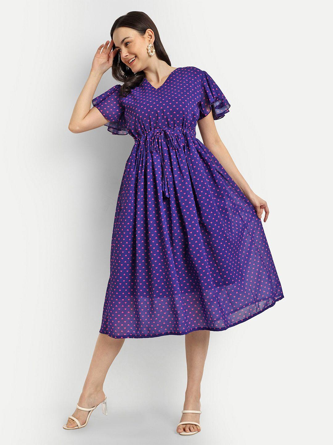 shinisha purple print flared sleeve georgette fit & flare midi dress