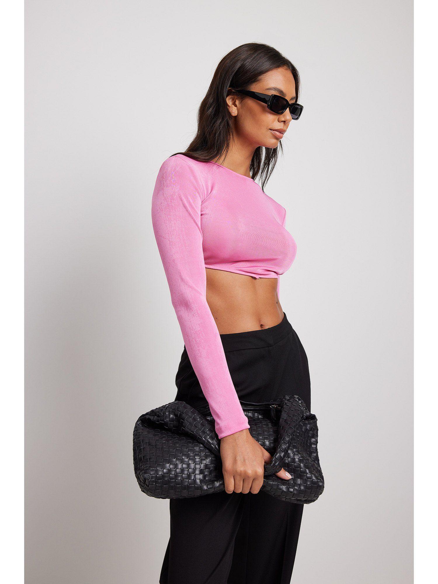 shiny round neck long sleeve top-pink