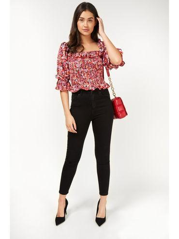 shirred ditsy print blouse