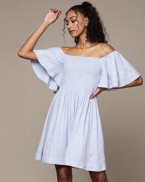 shirred fit & flare dress with butterfly sleeves