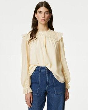 shirred high-neck frill detail blouse