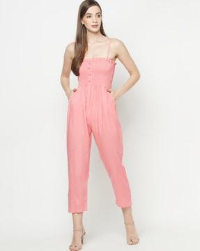 shirred jumpsuit with button accent