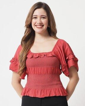 shirred ruffled neck top