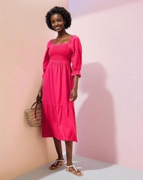 shirred square-neck tiered dress